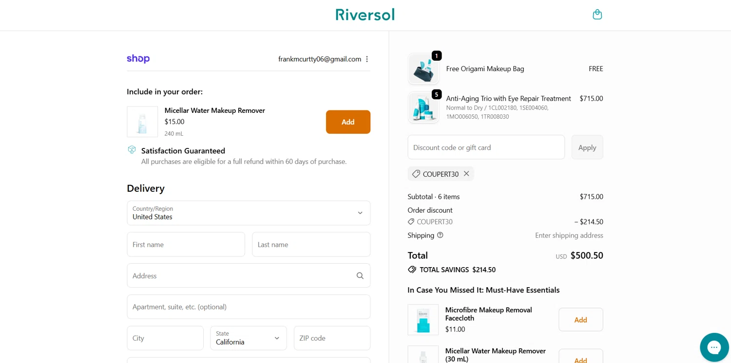 Riversol coupon code screenshot showing code COUPERT30 applied at Riversol checkout page. Uploaded by SimplyCodes community member BrilliantVoyager5752 on Oct 10, 2025