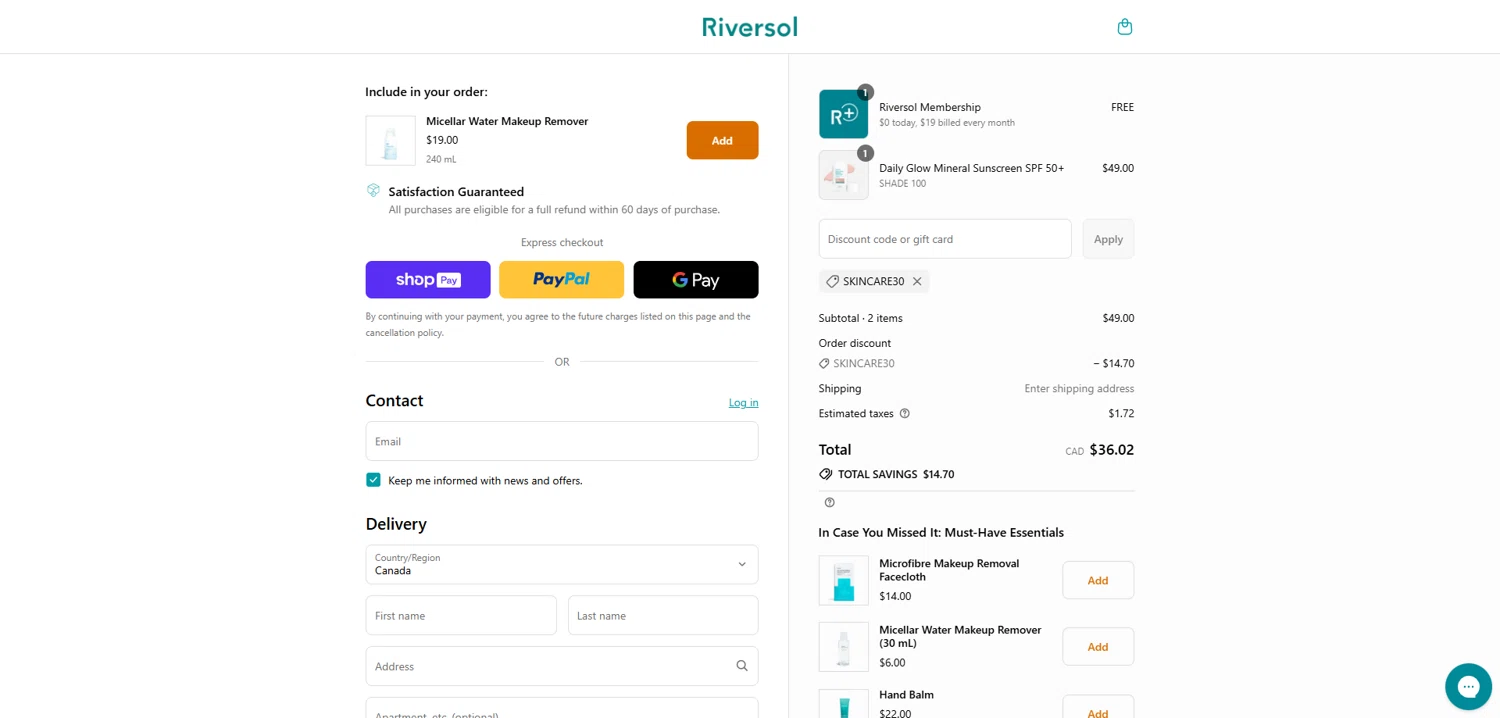 Riversol coupon code screenshot showing code SKINCARE30 applied at Riversol checkout page. Uploaded by SimplyCodes community member Dorothy on Aug 7, 2025