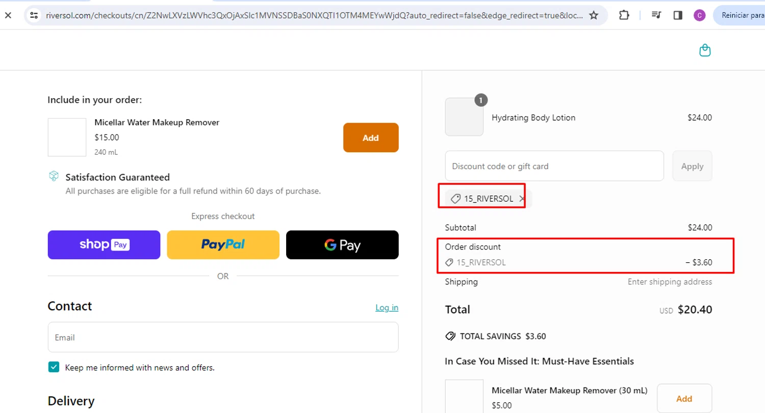 Riversol coupon code screenshot showing code 15_Riversol applied at Riversol checkout page. Uploaded by SimplyCodes community member nileskamarcano on May 26, 2025