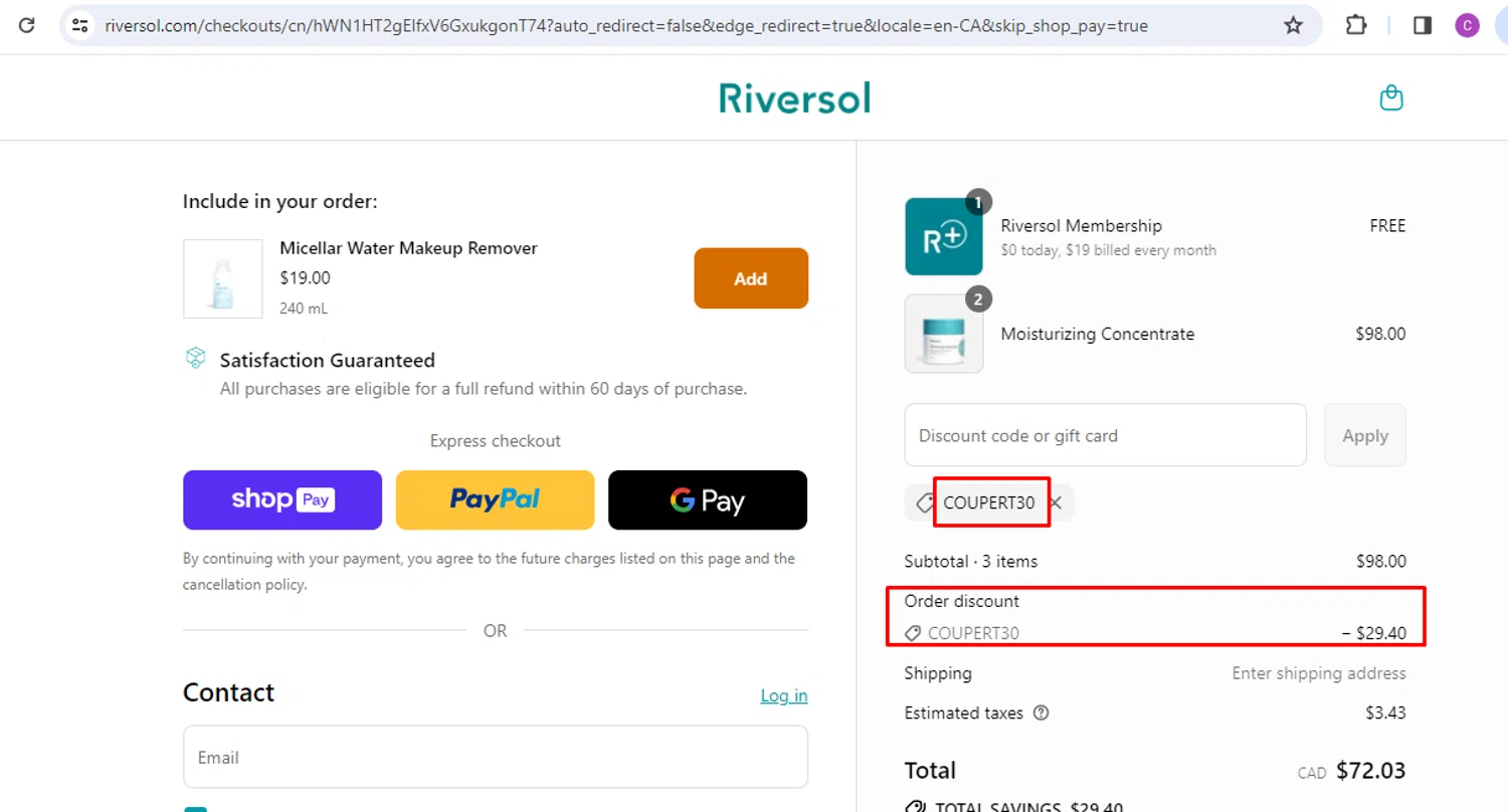 Riversol coupon code screenshot showing code COUPERT30 applied at Riversol checkout page. Uploaded by SimplyCodes community member nileskamarcano on Aug 1, 2025