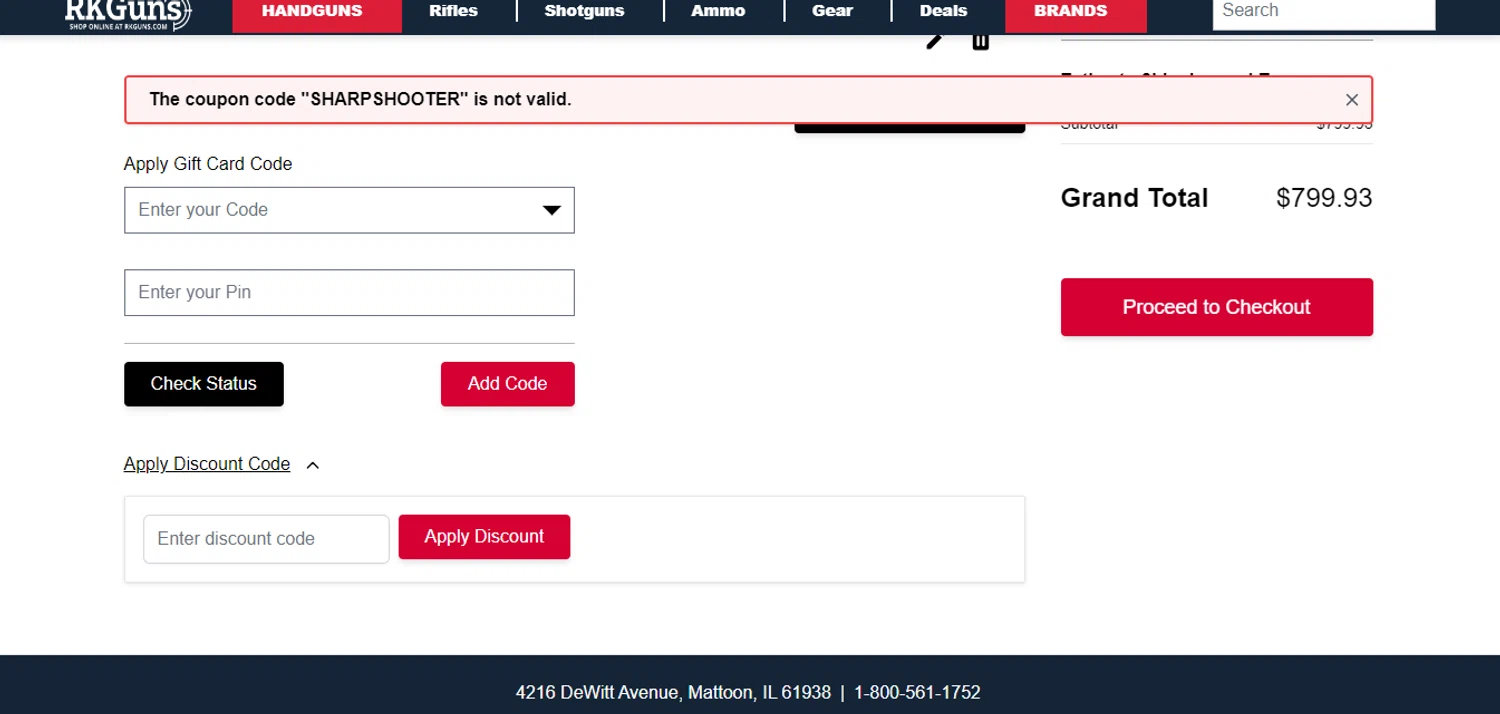 Rk Guns discount code screenshot showing code SHARPSHOOTER applied at Rk Guns checkout page. Uploaded by SimplyCodes community member CoinWarden5517 on Jan 27, 2025