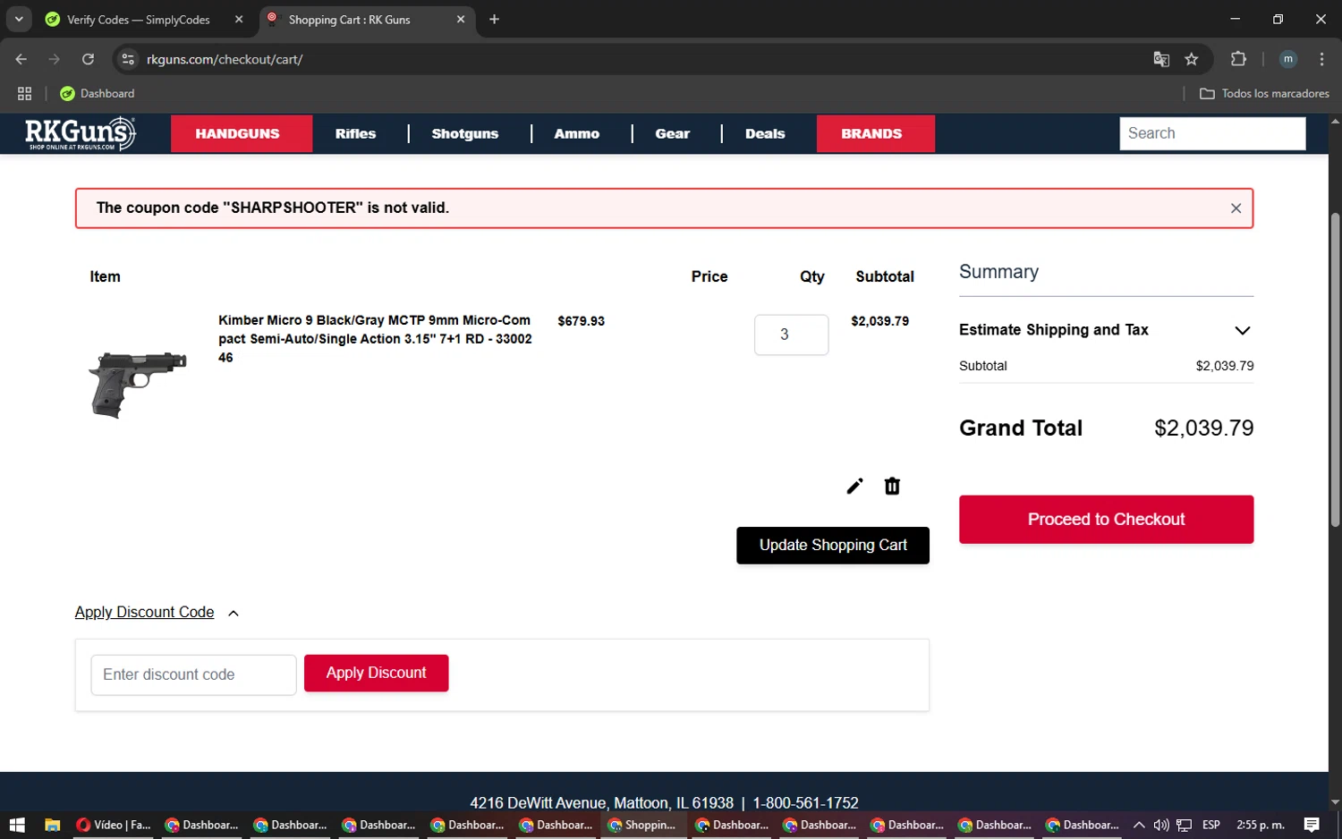 Rk Guns discount code screenshot showing code SHARPSHOOTER applied at Rk Guns checkout page. Uploaded by SimplyCodes community member CoinHunter3841 on Mar 11, 2025