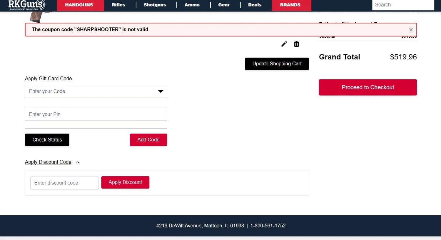 Rk Guns discount code screenshot showing code SHARPSHOOTER applied at Rk Guns checkout page. Uploaded by SimplyCodes community member SilverTracker8198 on Dec 28, 2024
