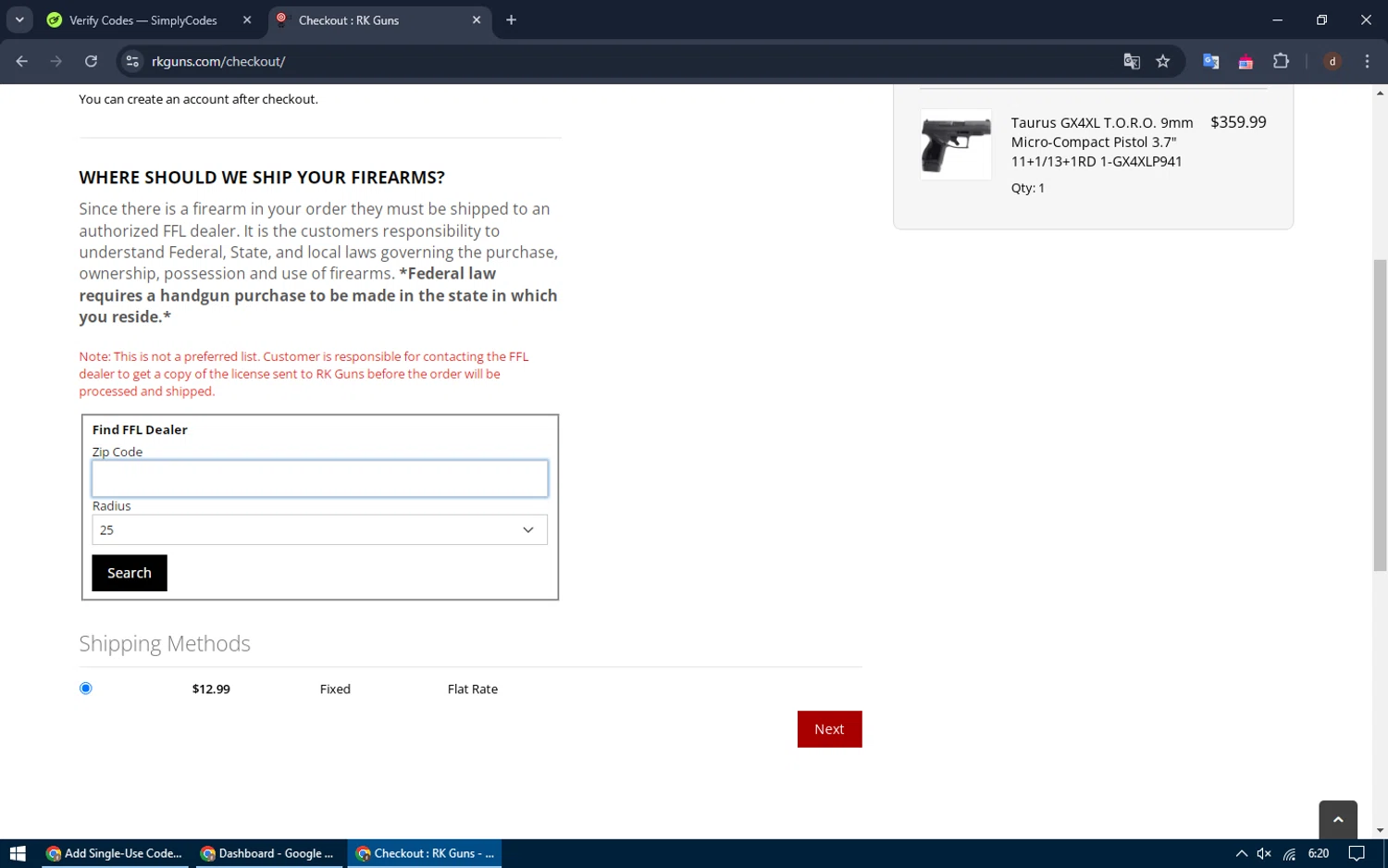Rk Guns checkout page showing Rk Guns discount code box | Screenshot taken by SimplyCodes community member on Aug 7, 2024
