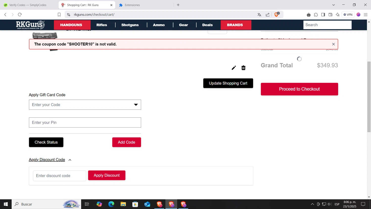 Rk Guns discount code screenshot showing code SHOOTER10 applied at Rk Guns checkout page. Uploaded by SimplyCodes community member AnthonyGTX on Jan 24, 2025