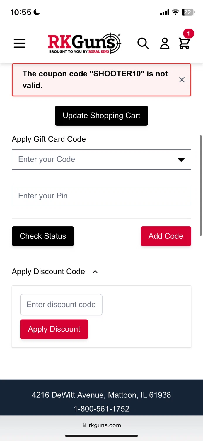Rk Guns discount code screenshot showing code SHOOTER10 applied at Rk Guns checkout page. Uploaded by SimplyCodes community member MoneyScout2554 on Dec 28, 2024
