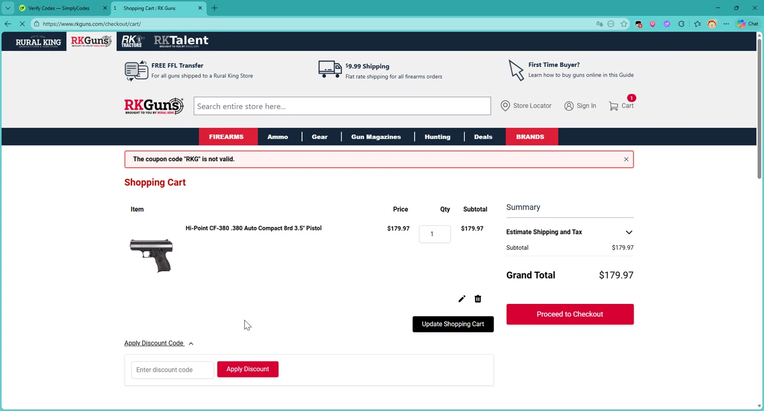 Rk Guns discount code screenshot showing code RKG applied at Rk Guns checkout page. Uploaded by SimplyCodes community member DonutPunks on Dec 11, 2025
