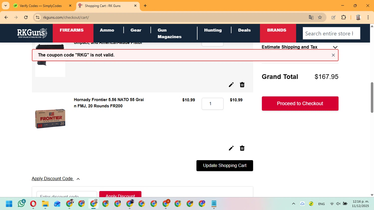 Rk Guns discount code screenshot showing code RKG applied at Rk Guns checkout page. Uploaded by SimplyCodes community member ManuelF on Dec 11, 2025