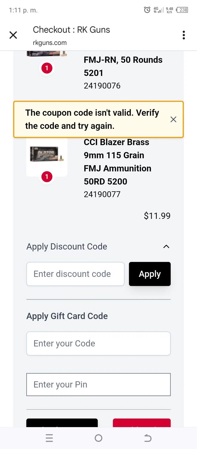 Rk Guns discount code screenshot showing code RKG applied at Rk Guns checkout page. Uploaded by SimplyCodes community member MoneyRanger9663 on Dec 11, 2025
