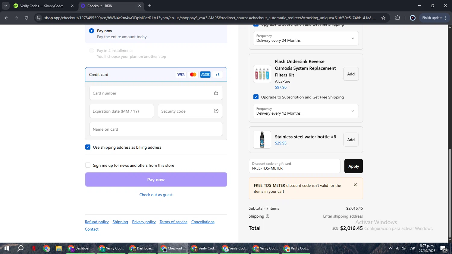 RKIN Air and Water Filters promo code screenshot showing code FREE-TDS-METER applied at RKIN Air and Water Filters checkout page. Uploaded by SimplyCodes community member RoyalBoss4384 on Oct 27, 2025
