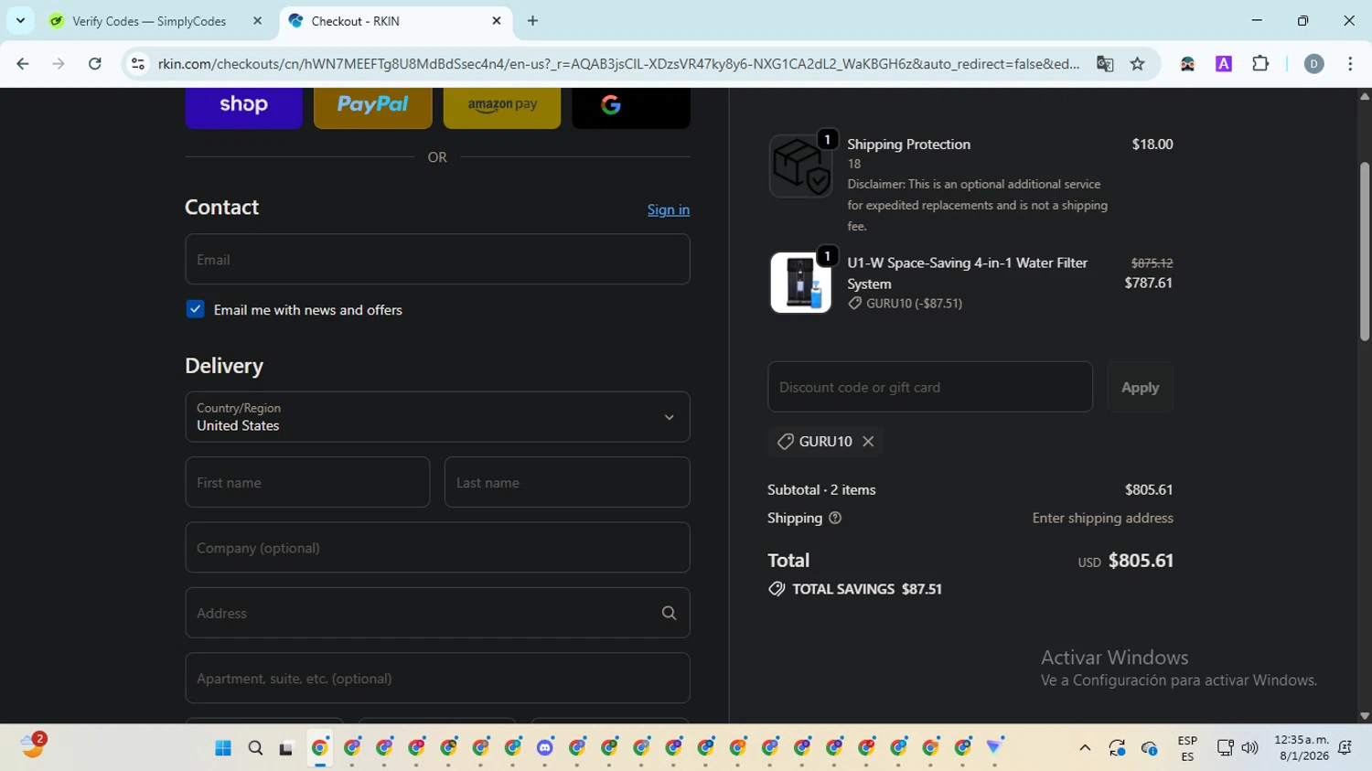 RKIN Air and Water Filters promo code screenshot showing code GURU10 applied at RKIN Air and Water Filters checkout page. Uploaded by SimplyCodes community member ScanMaven5756 on Jan 8, 2026