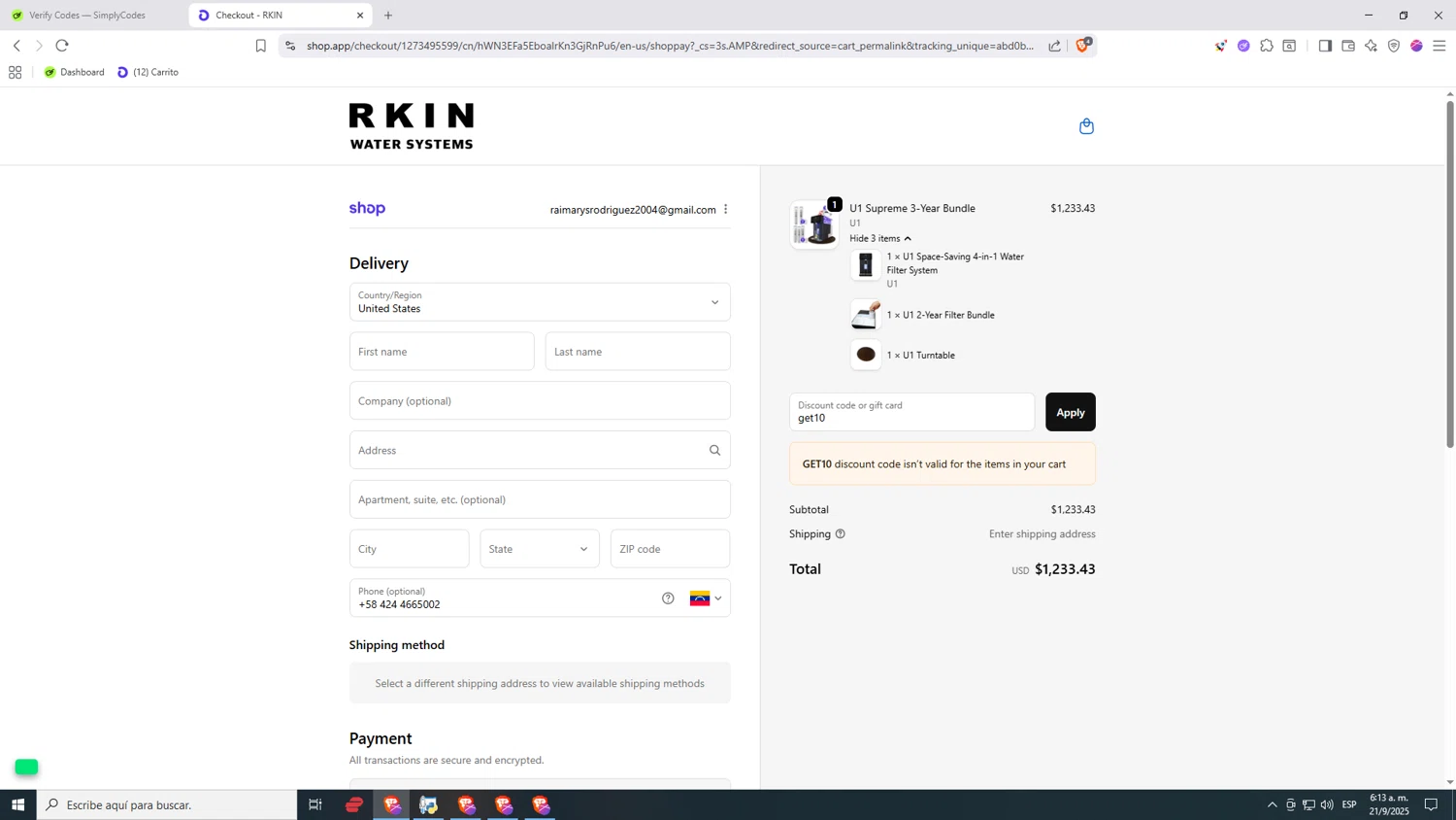 RKIN Air and Water Filters promo code screenshot showing code get10 applied at RKIN Air and Water Filters checkout page. Uploaded by SimplyCodes community member Nezukooo on Sep 21, 2025