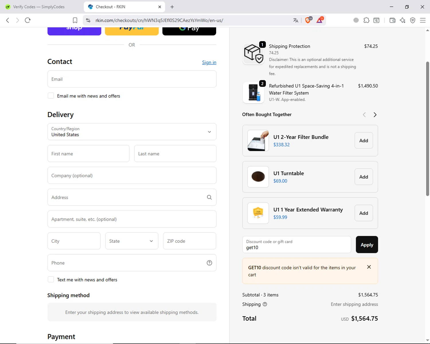 RKIN Air and Water Filters promo code screenshot showing code get10 applied at RKIN Air and Water Filters checkout page. Uploaded by SimplyCodes community member ShieldAdmiral6835 on Oct 7, 2025