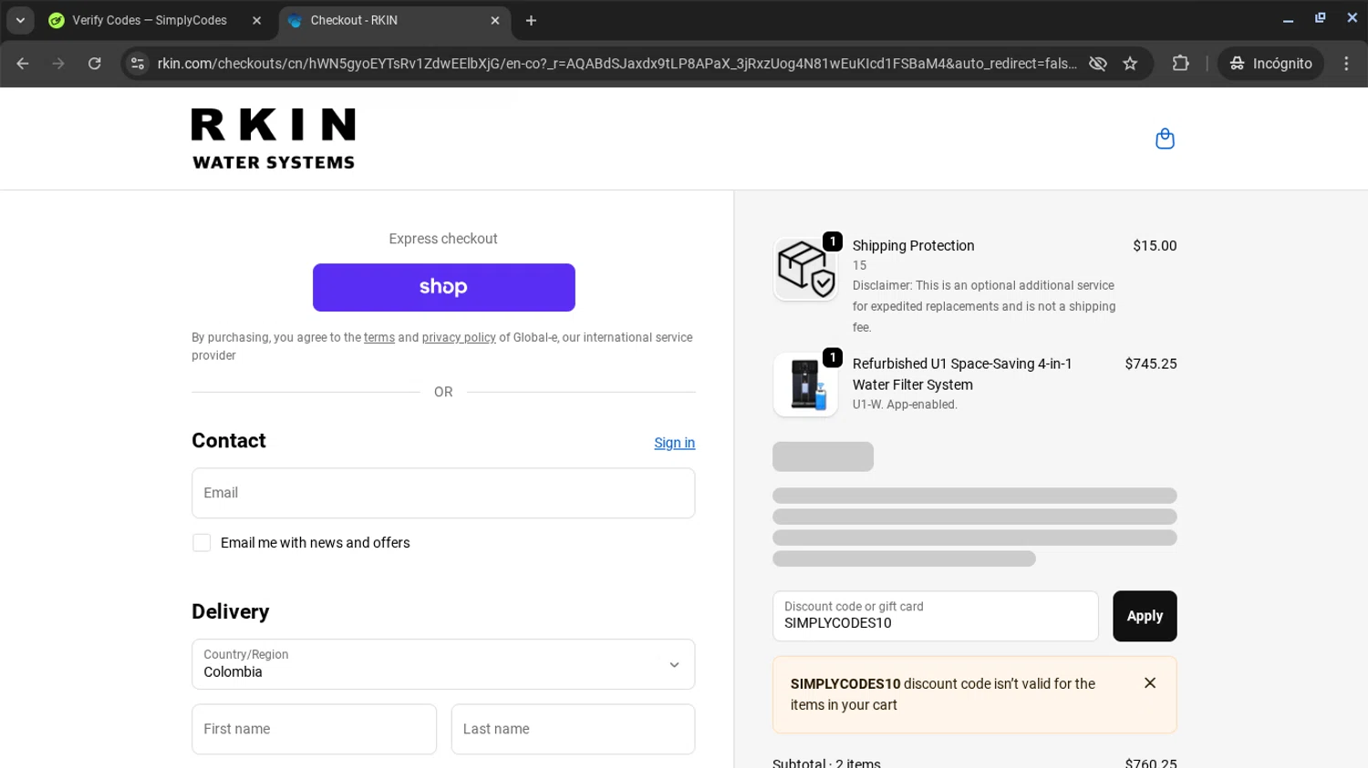 RKIN Air and Water Filters promo code screenshot showing code SIMPLYCODES10 applied at RKIN Air and Water Filters checkout page. Uploaded by SimplyCodes community member AVAMUSTANG on Nov 25, 2025