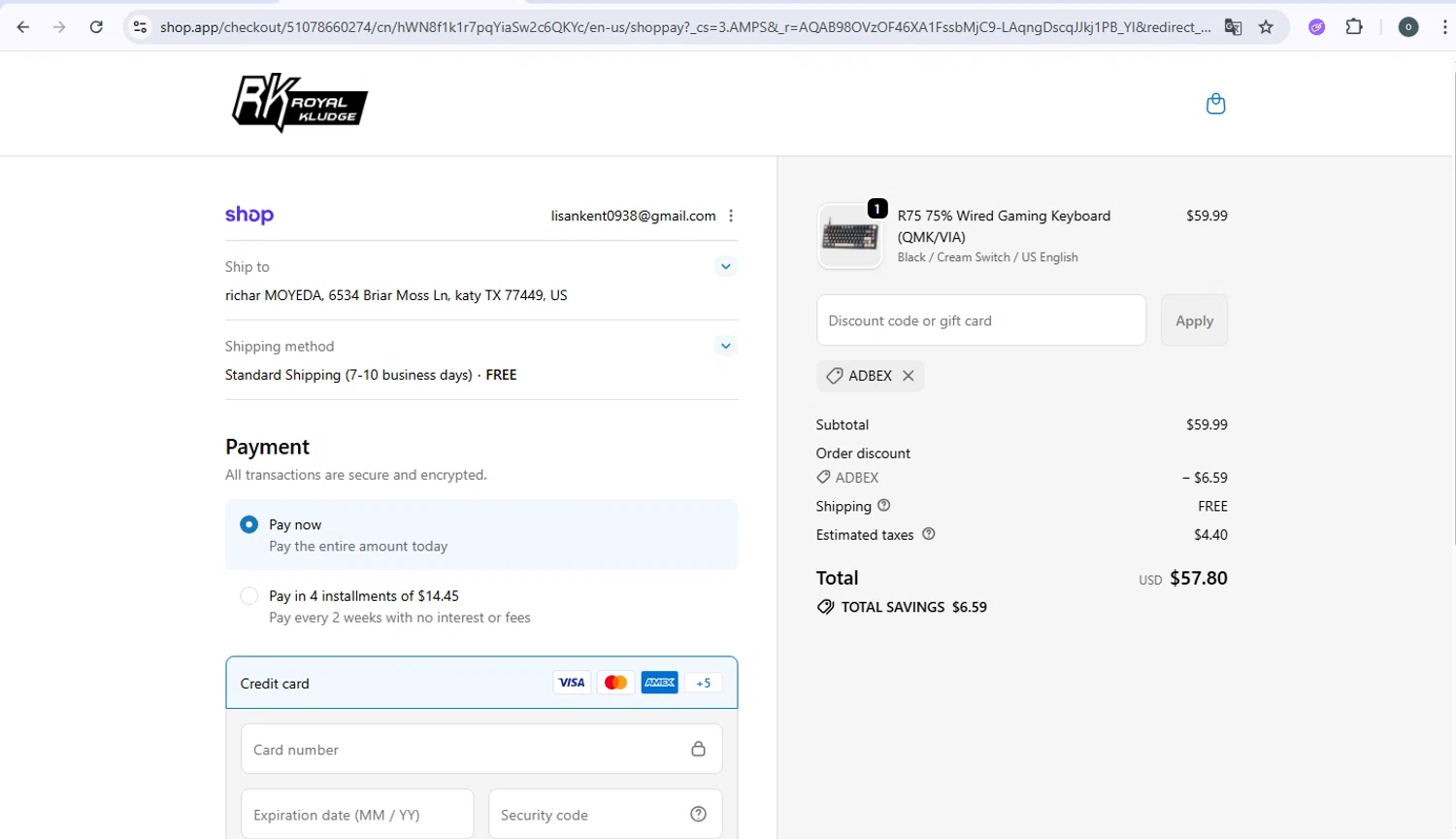 RK Royal Kludge checkout page showing RK Royal Kludge promo code box | Screenshot taken by SimplyCodes community member on Feb 11, 2026