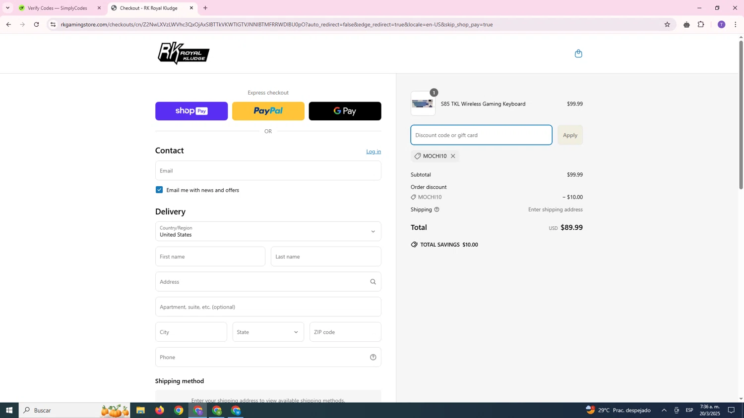 RK Royal Kludge promo code screenshot showing code MOCHI10 applied at RK Royal Kludge checkout page. Uploaded by SimplyCodes community member FortunateCurator5882 on Mar 20, 2025