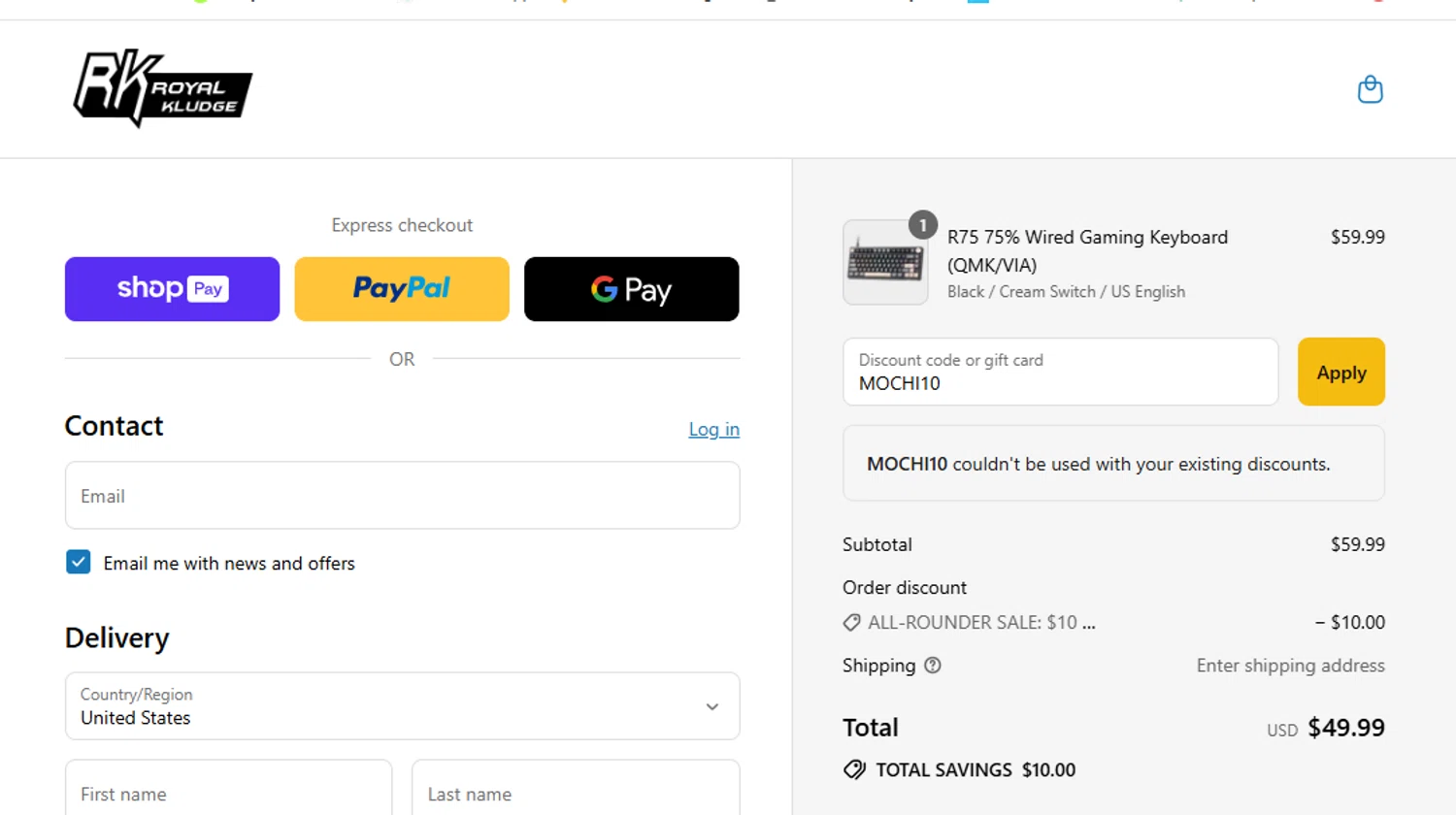 RK Royal Kludge promo code screenshot showing code MOCHI10 applied at RK Royal Kludge checkout page. Uploaded by SimplyCodes community member yeresojperez on Aug 3, 2025