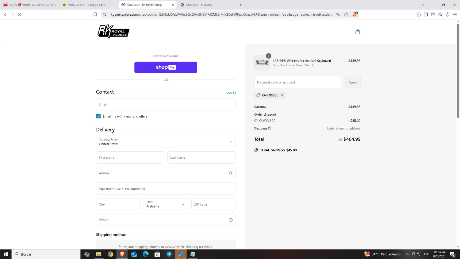 RK Royal Kludge promo code screenshot showing code KAYORIS20 applied at RK Royal Kludge checkout page. Uploaded by SimplyCodes community member Carloscoder_900457733 on Jun 20, 2025