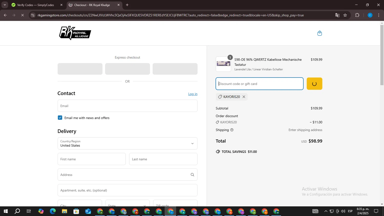 RK Royal Kludge promo code screenshot showing code KAYORIS20 applied at RK Royal Kludge checkout page. Uploaded by SimplyCodes community member RewardVoyager146 on Apr 2, 2025