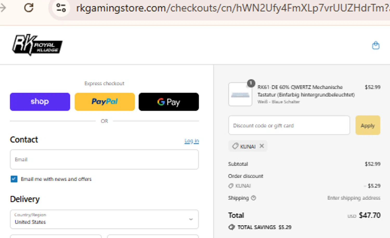 RK Royal Kludge promo code screenshot showing code KUNAI applied at RK Royal Kludge checkout page. Uploaded by SimplyCodes community member BudgetLion5814 on Sep 2, 2025