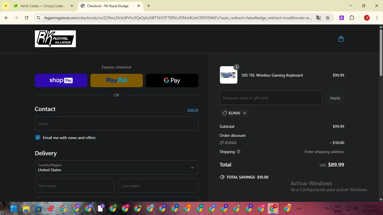 RK Royal Kludge promo code screenshot showing code KUNAI applied at RK Royal Kludge checkout page. Uploaded by SimplyCodes community member ShrewdCaptain2457 on Mar 20, 2025
