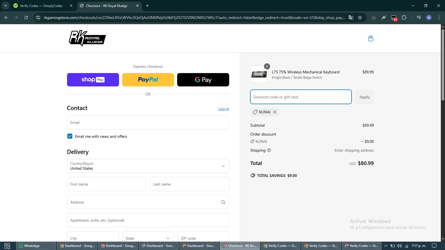 RK Royal Kludge promo code screenshot showing code KUNAI applied at RK Royal Kludge checkout page. Uploaded by SimplyCodes community member VoucherCurator824 on Apr 23, 2025