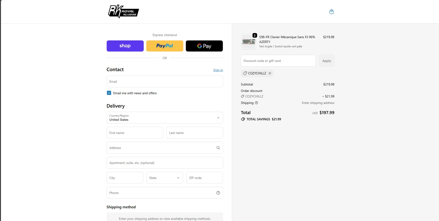 RK Royal Kludge promo code screenshot showing code COZYCHILLZ applied at RK Royal Kludge checkout page. Uploaded by SimplyCodes community member brrrrr on Oct 25, 2025