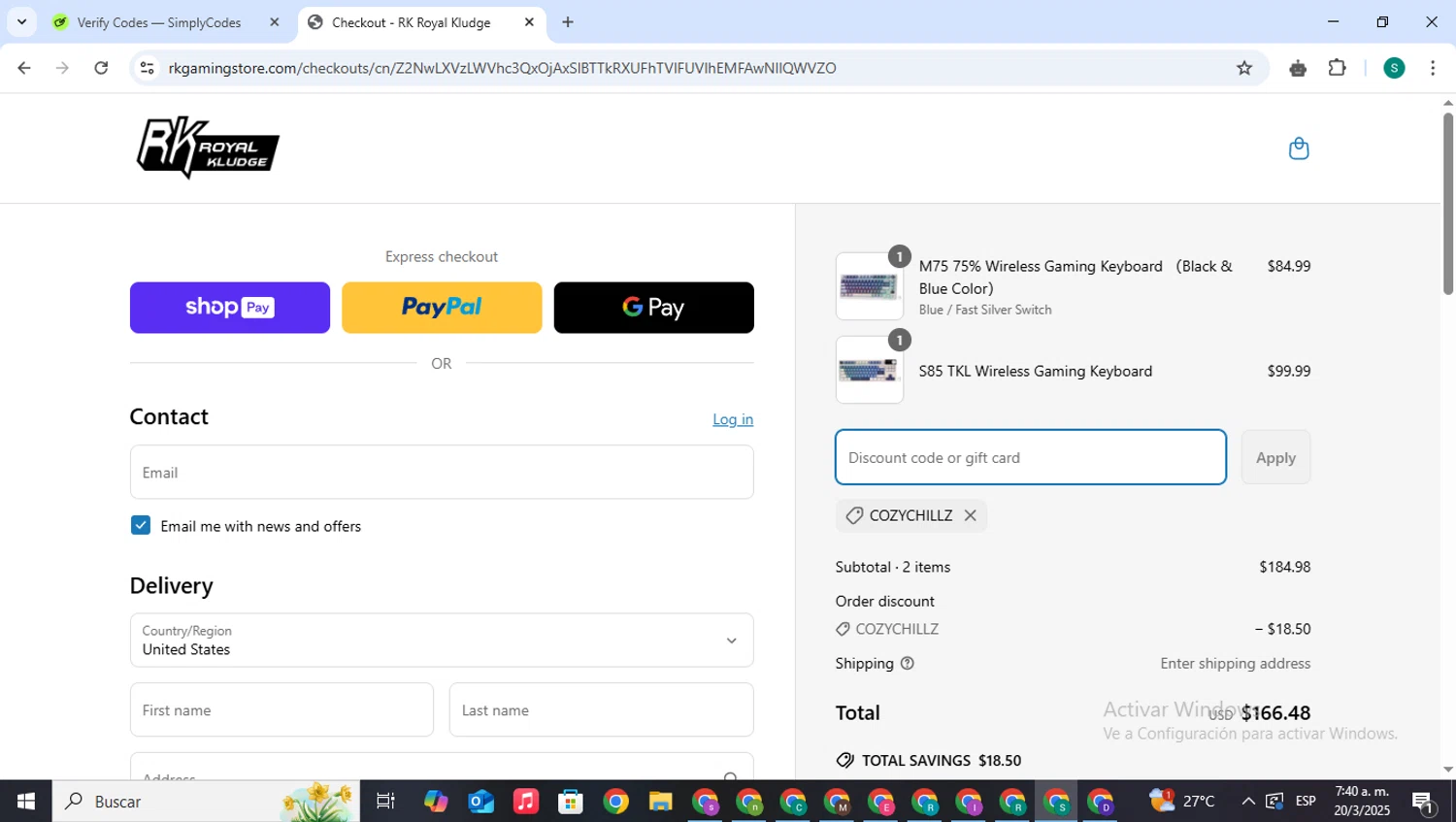 RK Royal Kludge promo code screenshot showing code COZYCHILLZ applied at RK Royal Kludge checkout page. Uploaded by SimplyCodes community member VictoriousPilot5281 on Mar 20, 2025