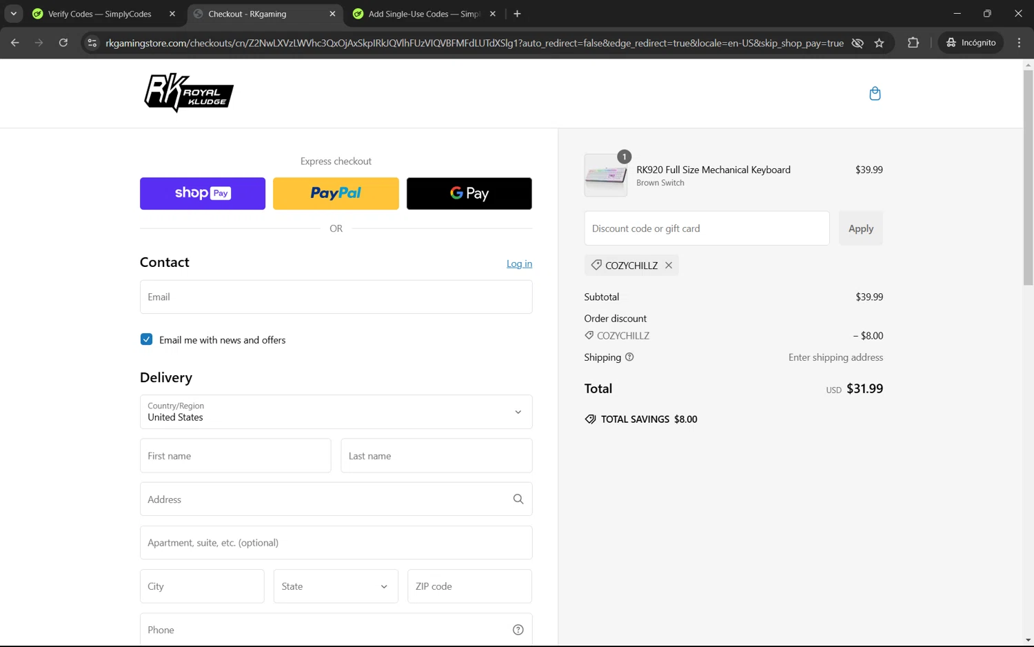 RK Royal Kludge promo code screenshot showing code COZYCHILLZ applied at RK Royal Kludge checkout page. Uploaded by SimplyCodes community member juan1702 on Jan 26, 2025