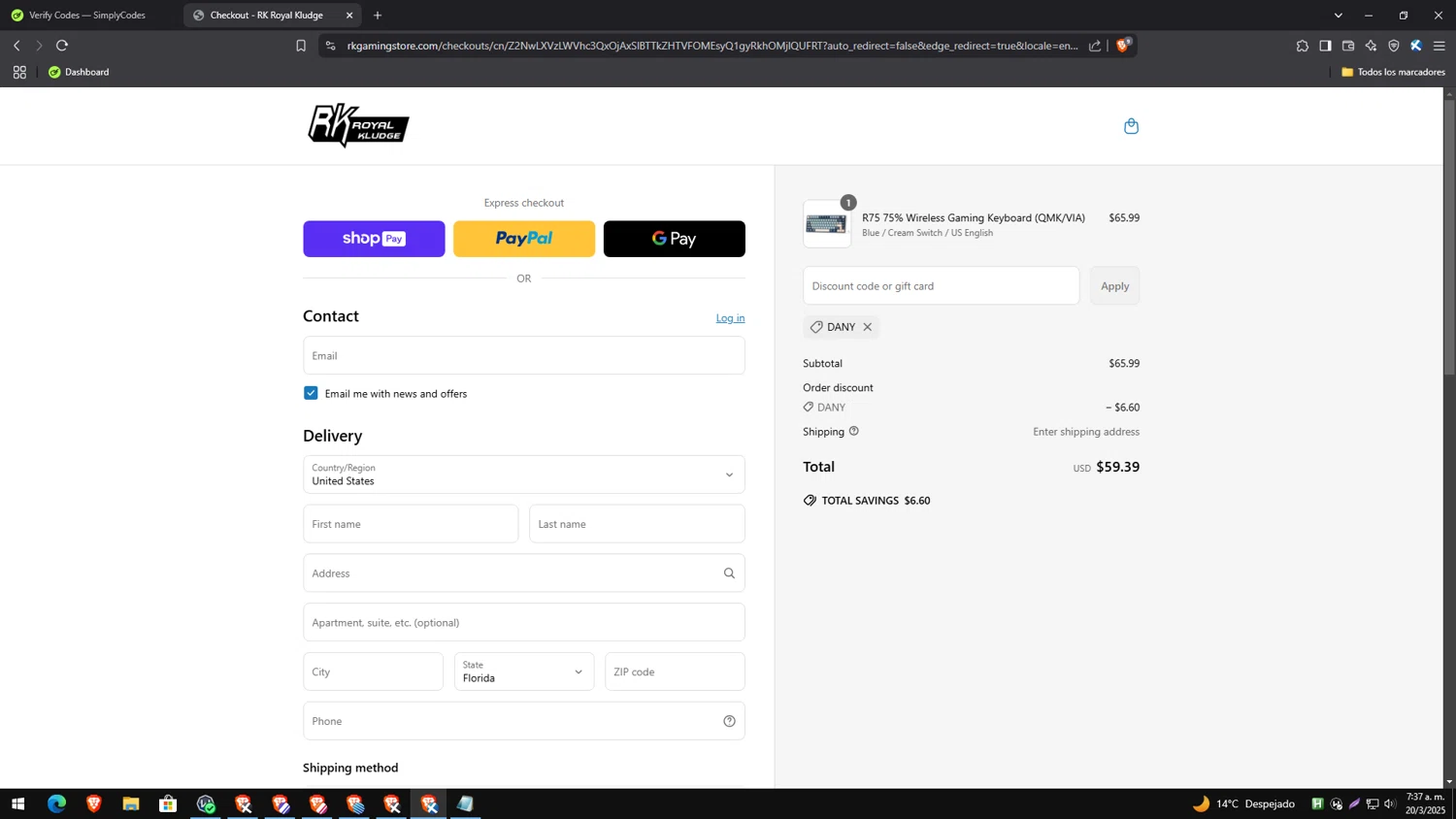 RK Royal Kludge promo code screenshot showing code DANY applied at RK Royal Kludge checkout page. Uploaded by SimplyCodes community member PrimeExpert2544 on Mar 20, 2025