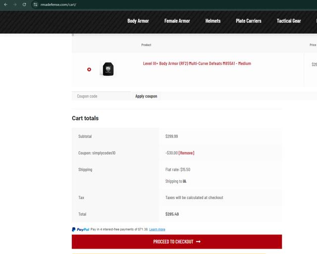 RMA Armament checkout page showing RMA Armament discount code box | Screenshot taken by SimplyCodes community member on Sep 13, 2024