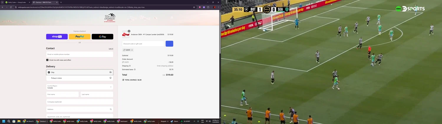 RMH RV Parts discount code screenshot showing code SAVE5 applied at RMH RV Parts checkout page. Uploaded by SimplyCodes community member BrilliantSaver7516 on Jun 16, 2025