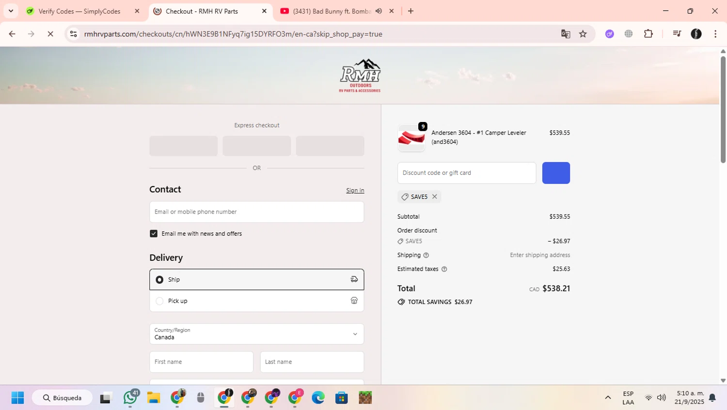 RMH RV Parts discount code screenshot showing code SAVE5 applied at RMH RV Parts checkout page. Uploaded by SimplyCodes community member ChinoYugiXD on Sep 21, 2025