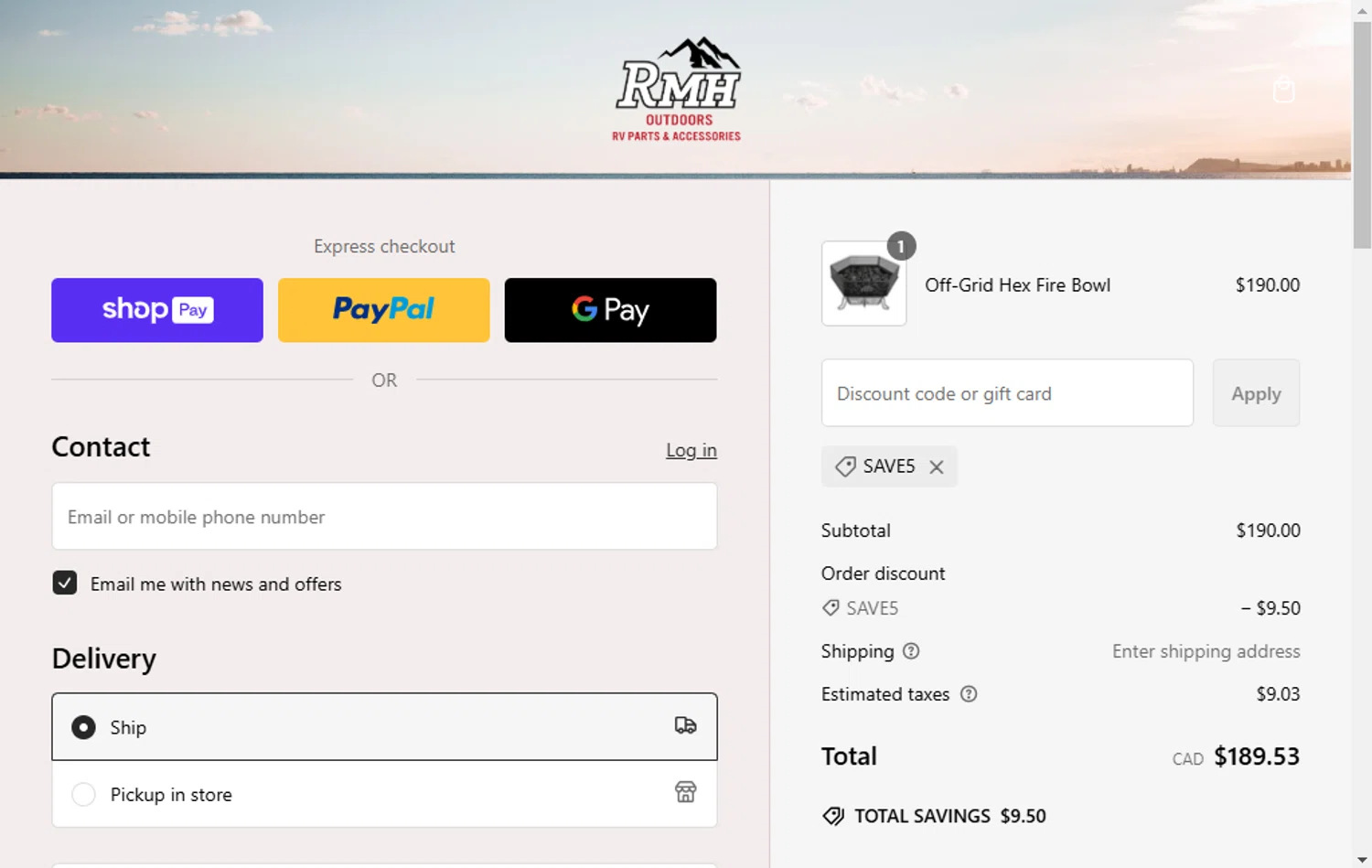 RMH RV Parts discount code screenshot showing code SAVE5 applied at RMH RV Parts checkout page. Uploaded by SimplyCodes community member MagnificentFalcon188 on Mar 1, 2025