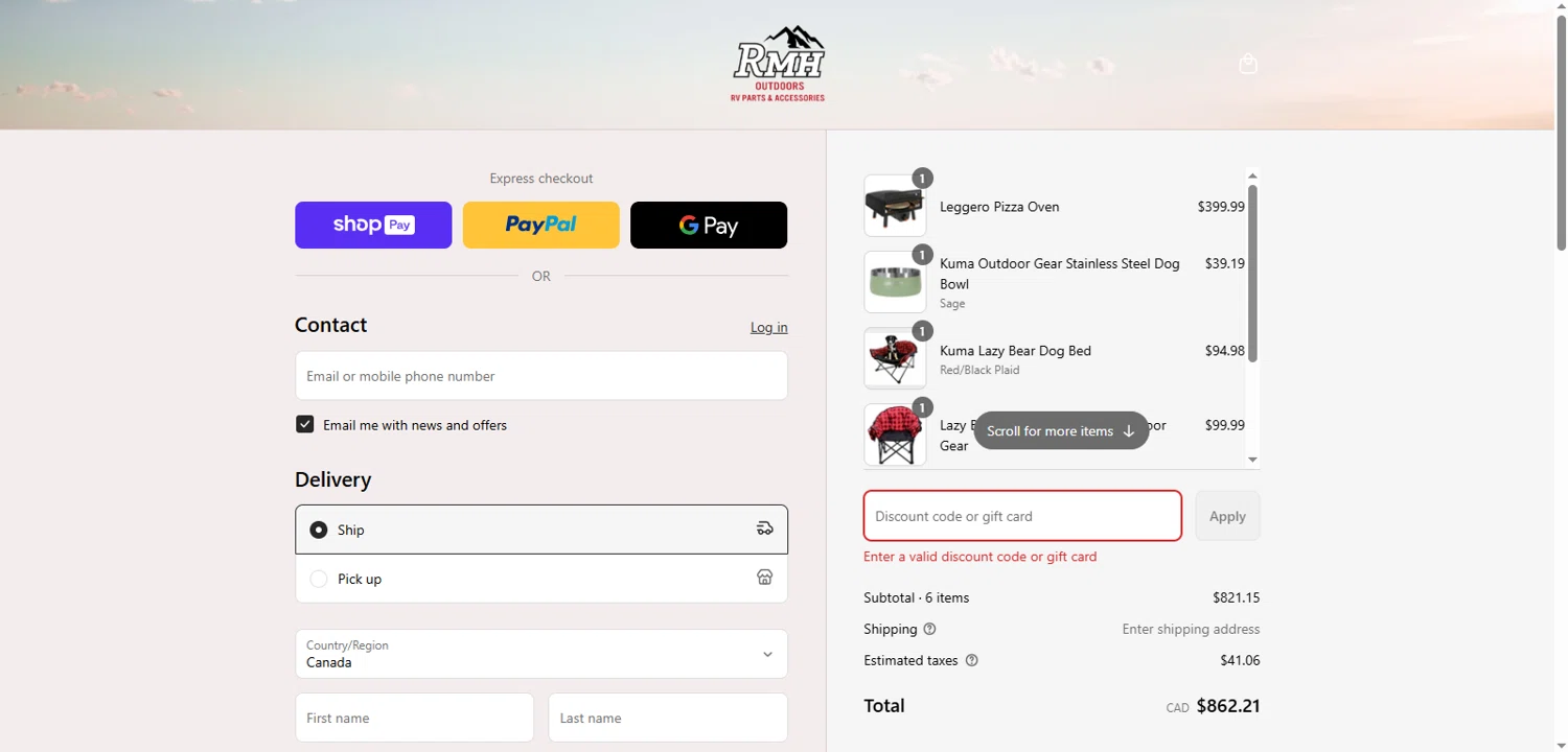 RMH RV Parts discount code screenshot showing code Kuma10 applied at RMH RV Parts checkout page. Uploaded by SimplyCodes community member Beatrizsilva31 on Aug 5, 2025