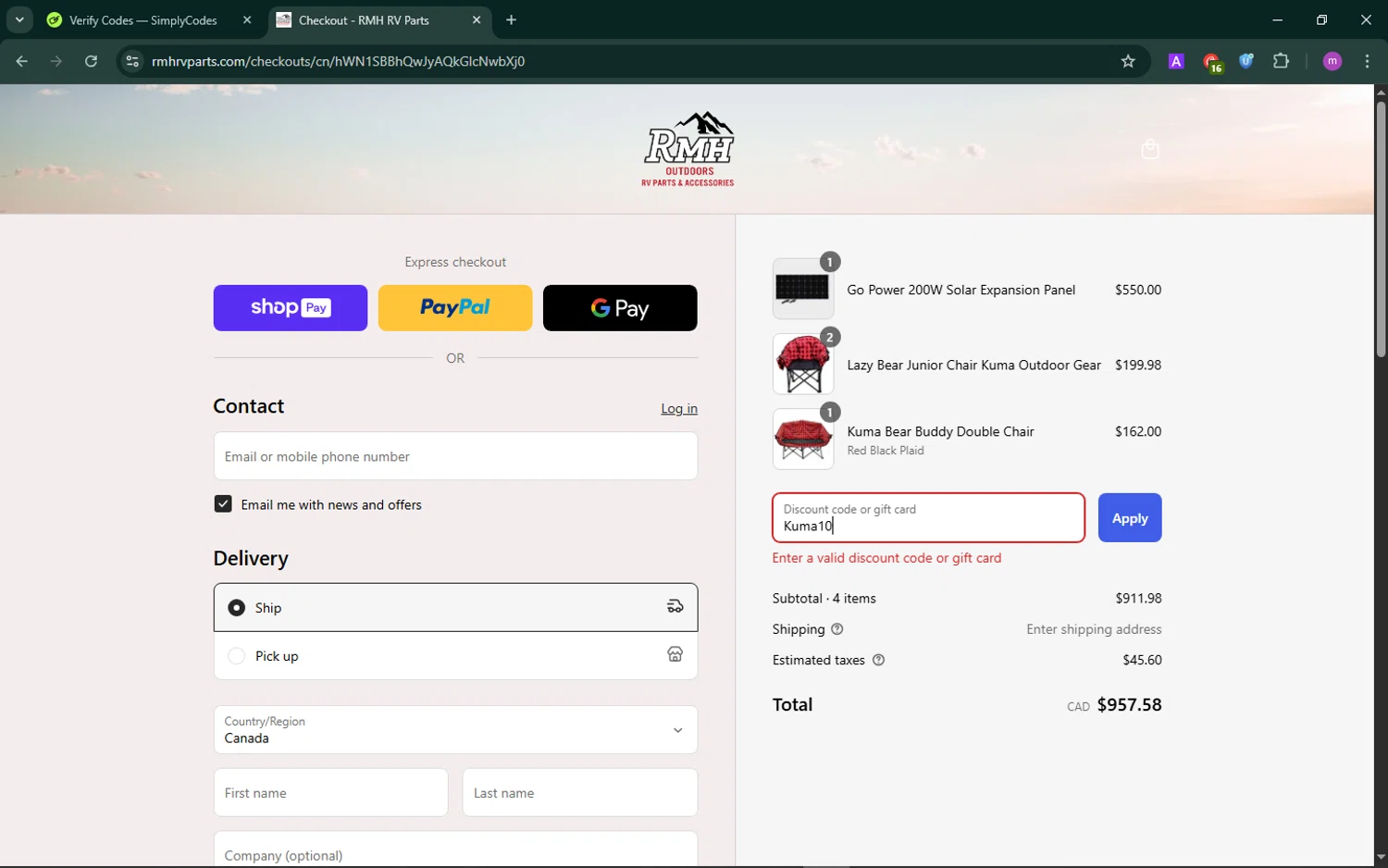 RMH RV Parts discount code screenshot showing code Kuma10 applied at RMH RV Parts checkout page. Uploaded by SimplyCodes community member TokenChaser4876 on Aug 5, 2025