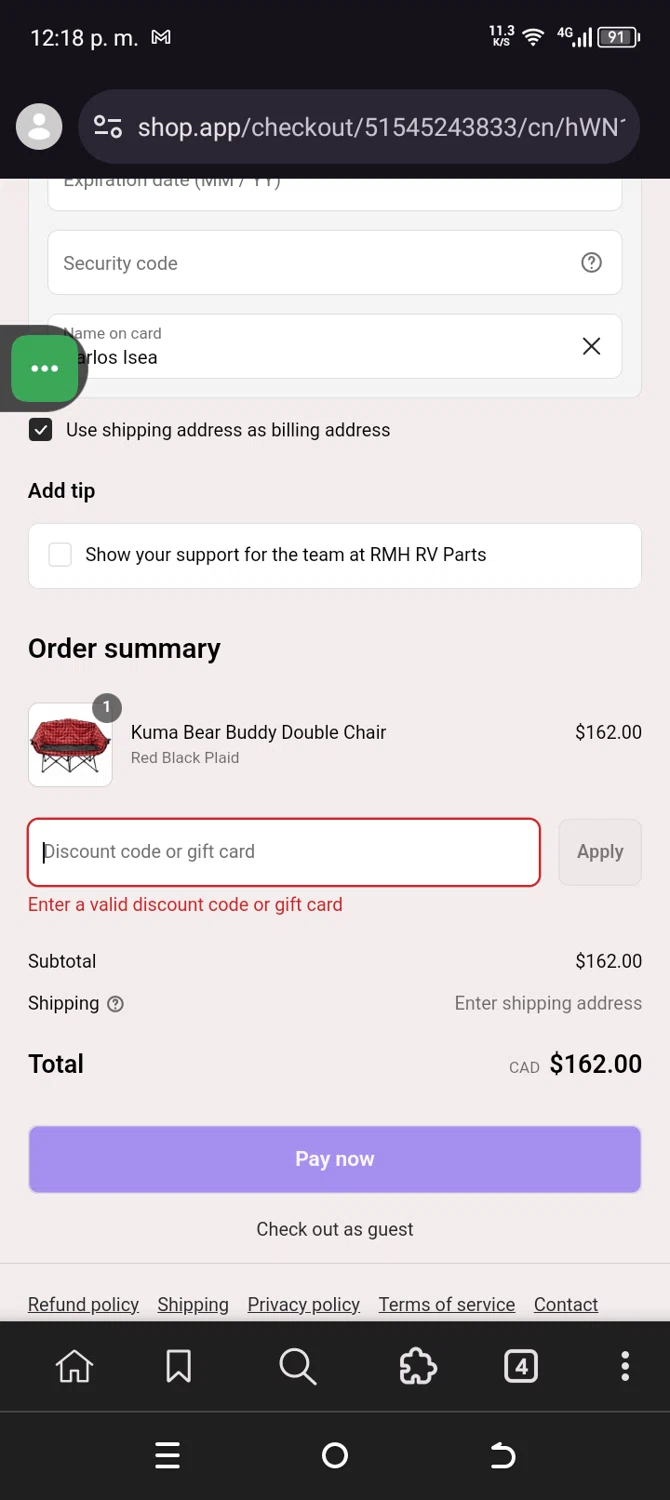 RMH RV Parts discount code screenshot showing code Kuma10 applied at RMH RV Parts checkout page. Uploaded by SimplyCodes community member VillaloboY on Aug 5, 2025