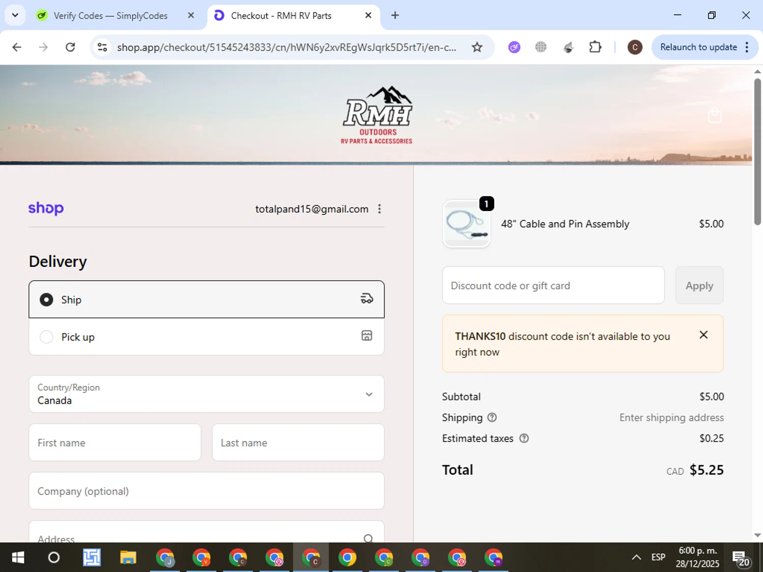 RMH RV Parts discount code screenshot showing code THANKS10 applied at RMH RV Parts checkout page. Uploaded by SimplyCodes community member VictorL on Dec 28, 2025