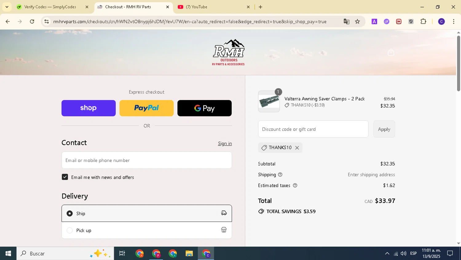 RMH RV Parts discount code screenshot showing code THANKS10 applied at RMH RV Parts checkout page. Uploaded by SimplyCodes community member alexanderarnold on Sep 13, 2025