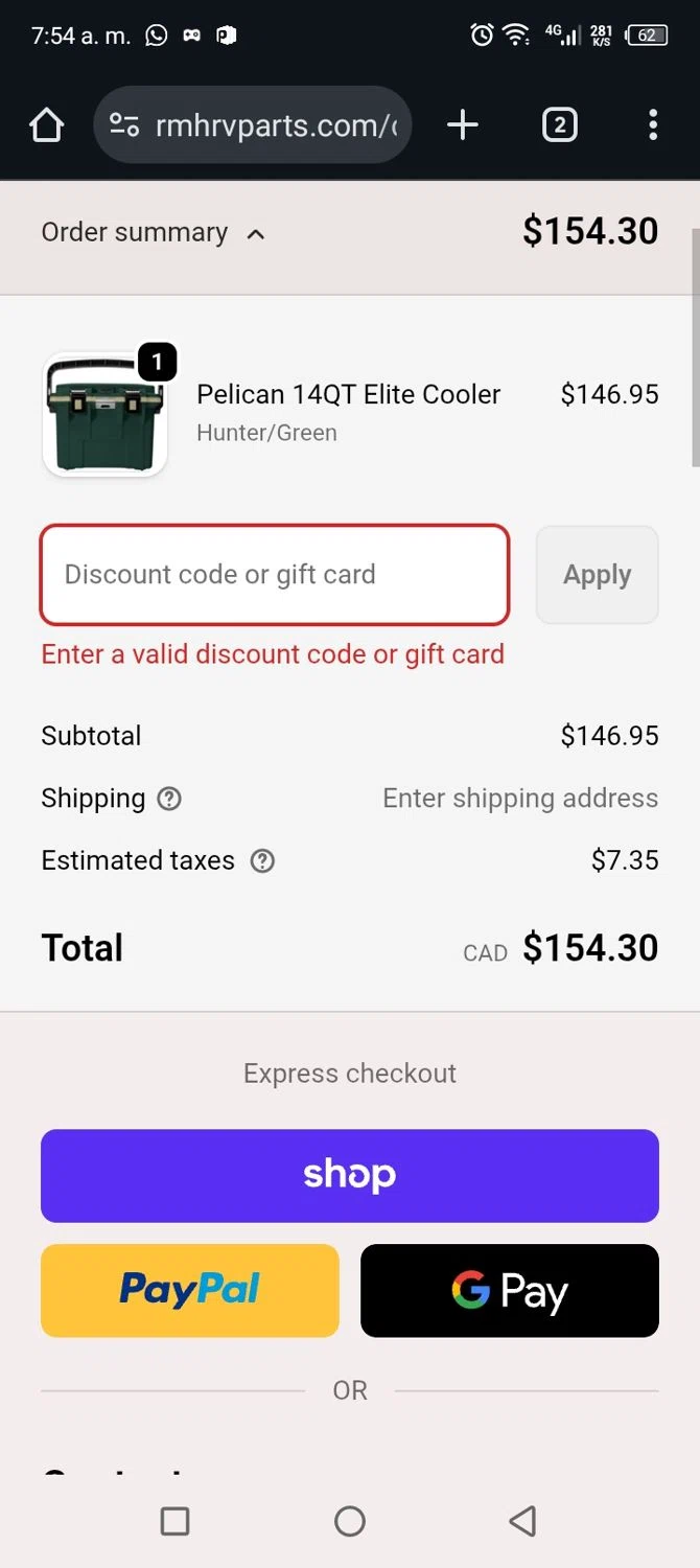 RMH RV Parts discount code screenshot showing code OUTDOORS15 applied at RMH RV Parts checkout page. Uploaded by SimplyCodes community member CARLOSSLIM on Sep 25, 2025