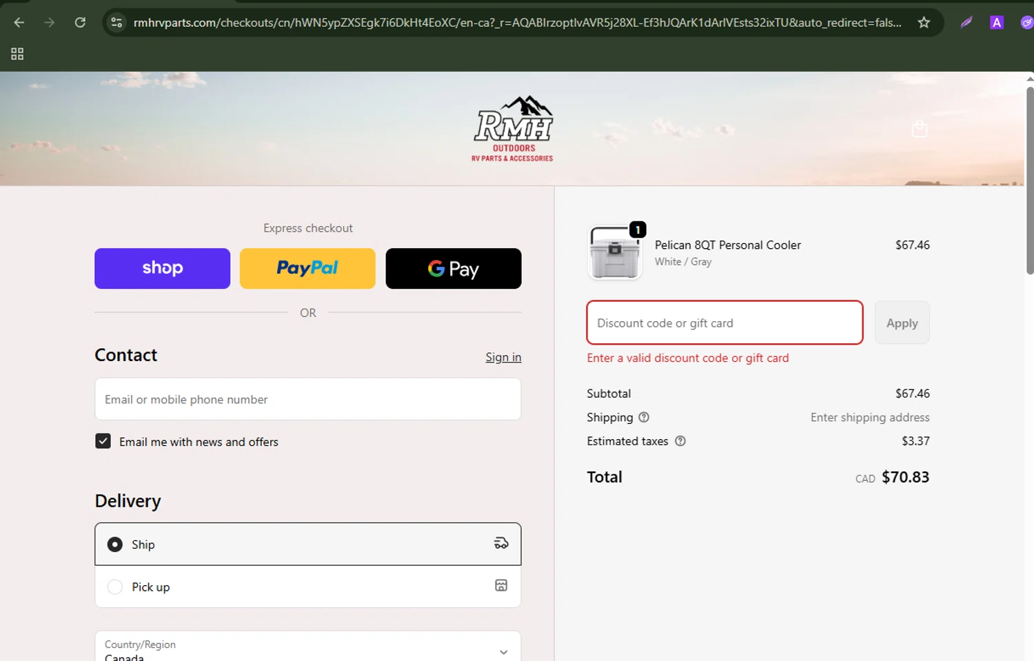 RMH RV Parts discount code screenshot showing code OUTDOORS15 applied at RMH RV Parts checkout page. Uploaded by SimplyCodes community member xiolemarromero on Dec 2, 2025