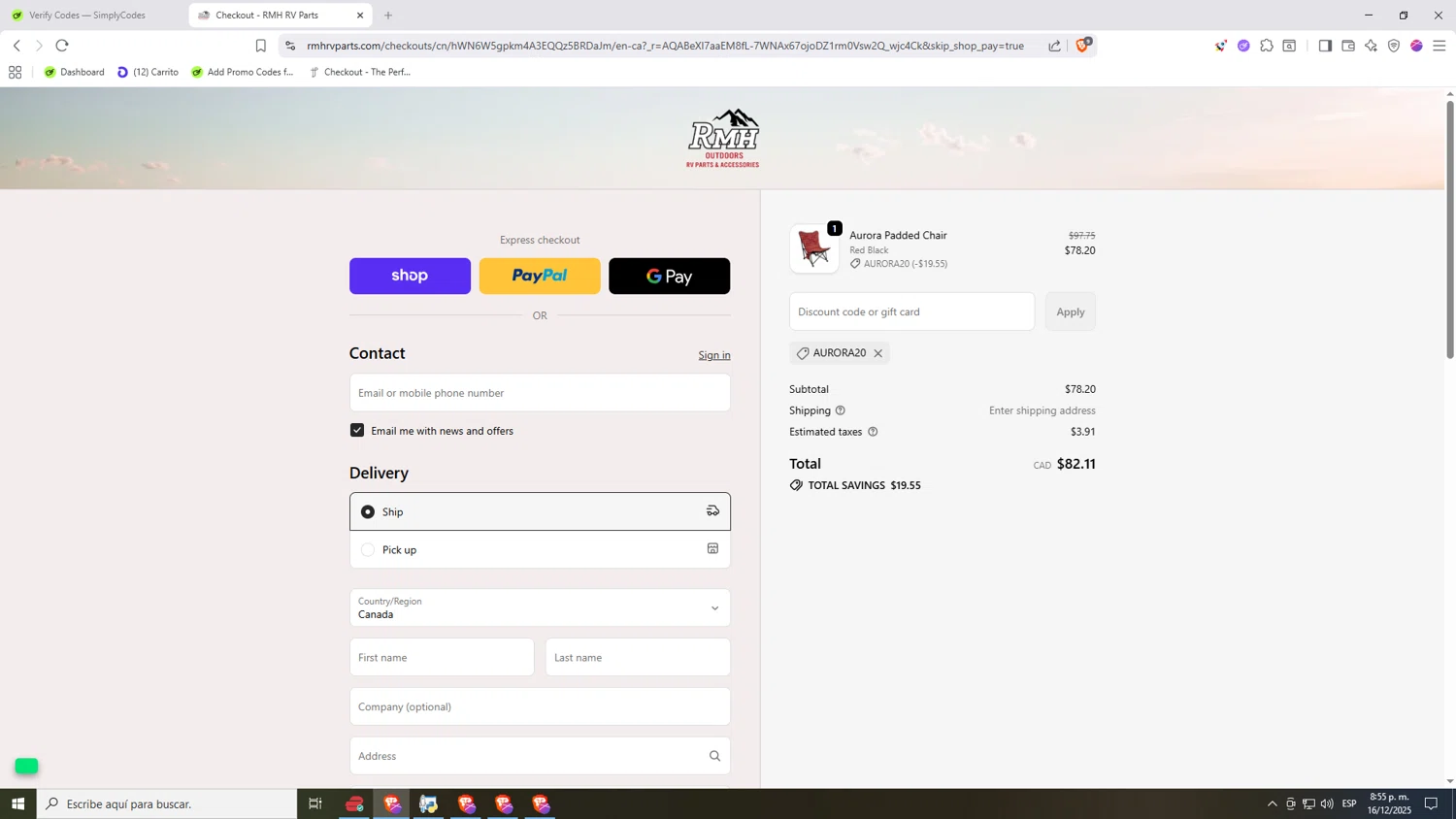RMH RV Parts discount code screenshot showing code AURORA20 applied at RMH RV Parts checkout page. Uploaded by SimplyCodes community member Nezukooo on Dec 17, 2025