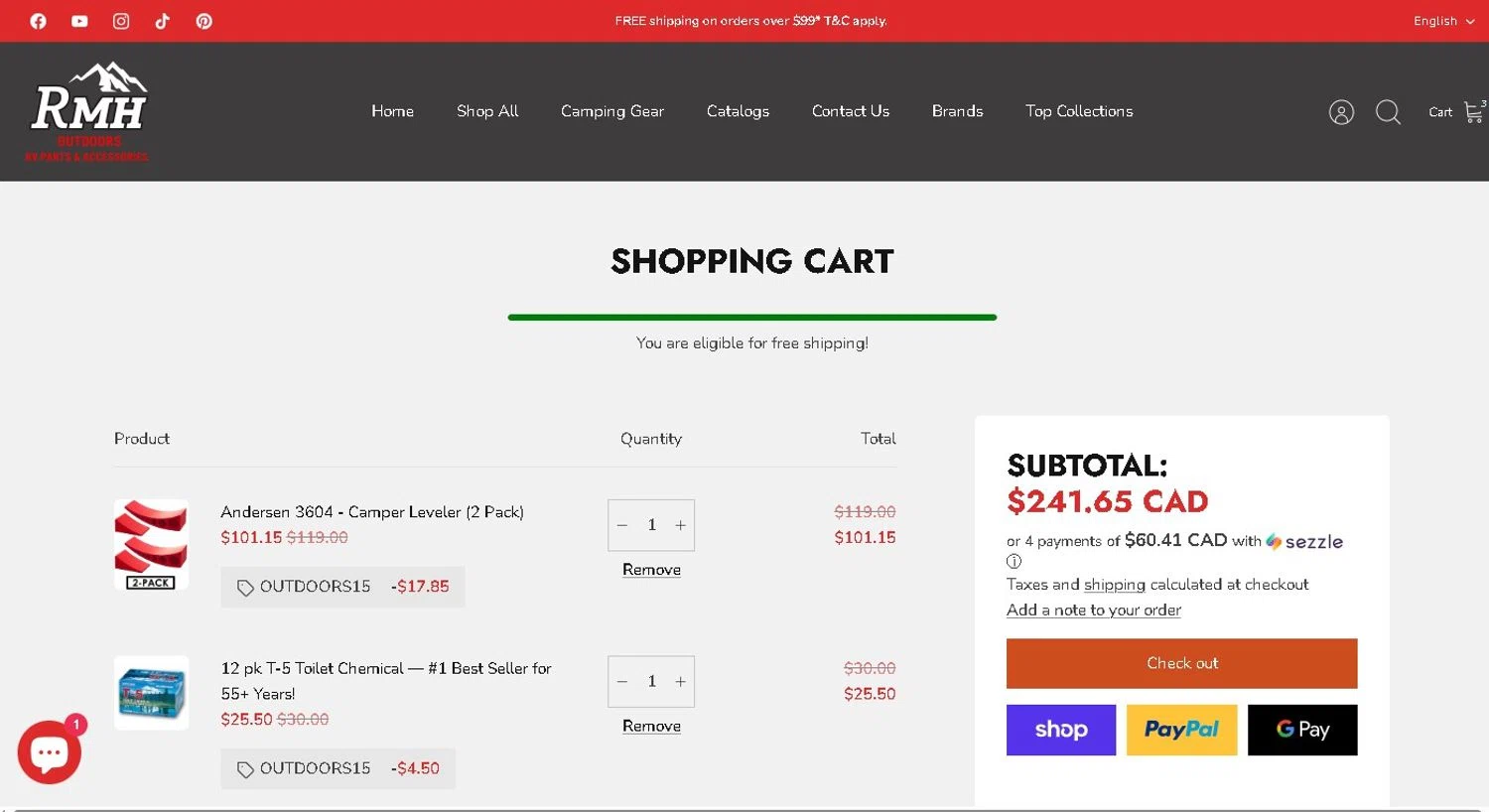 RMH RV Parts discount code screenshot showing code OUTDOORS15 applied at RMH RV Parts checkout page. Uploaded by SimplyCodes community member LAMINEJAMAL on Dec 2, 2025