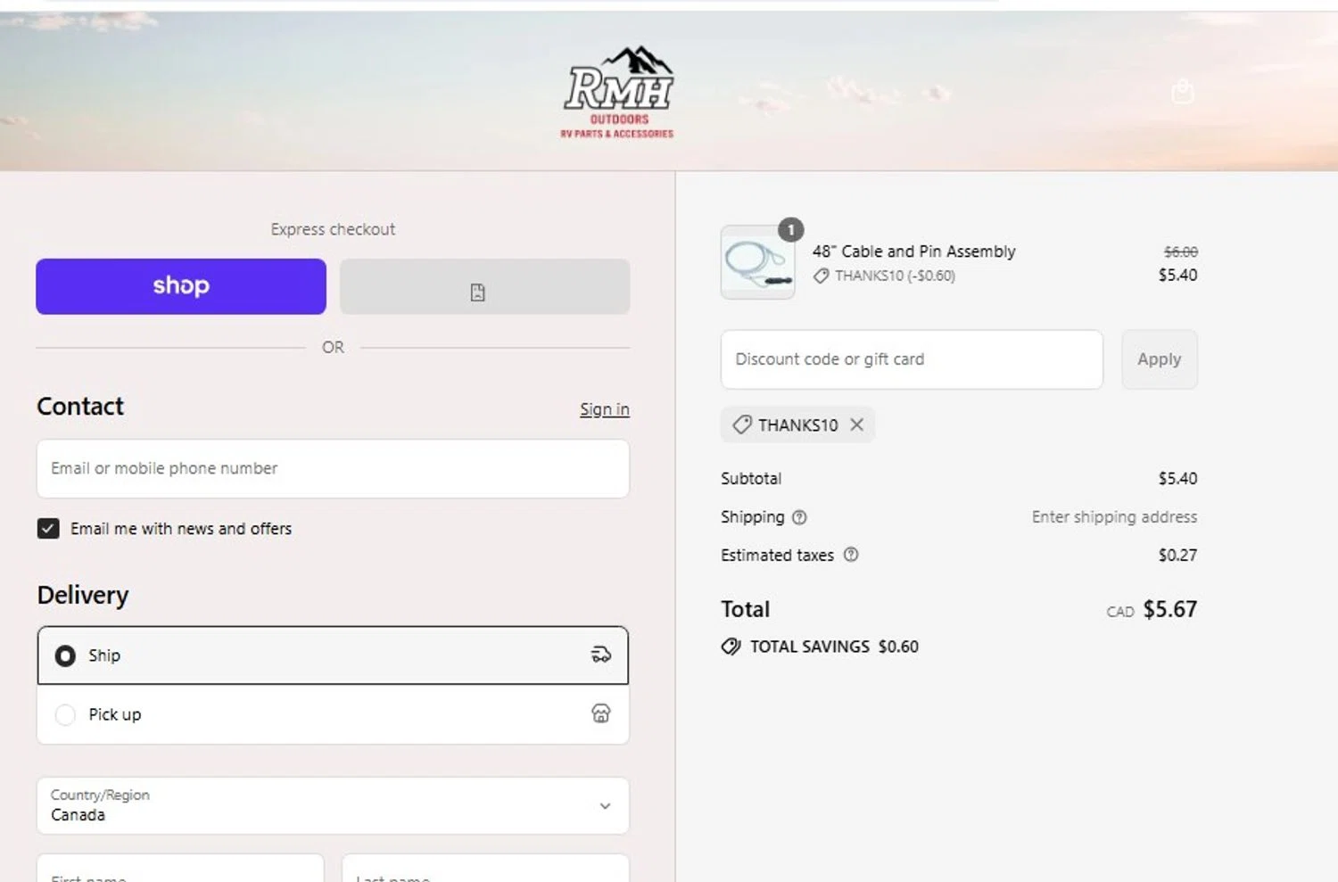 RMH RV Parts discount code screenshot showing code THANKS10 applied at RMH RV Parts checkout page. Uploaded by SimplyCodes community member frankrivero on Sep 13, 2025