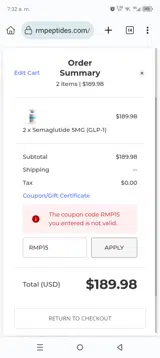 Rocky Mountain Peptides coupon verification screenshot