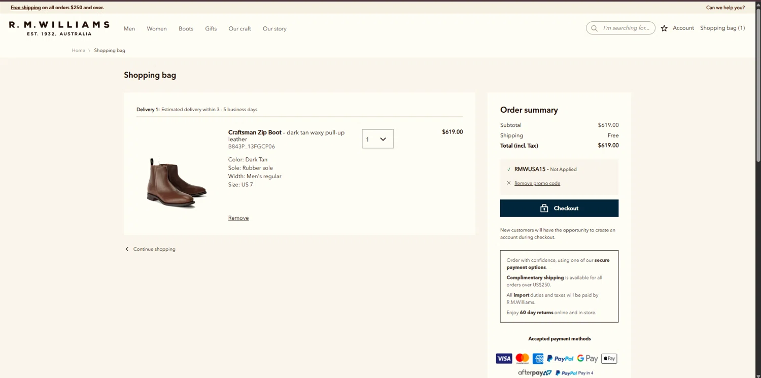 R.M. Williams discount code screenshot showing code RMWUSA15 applied at R.M. Williams checkout page. Uploaded by SimplyCodes community member FortunateSeeker4672 on Feb 18, 2026