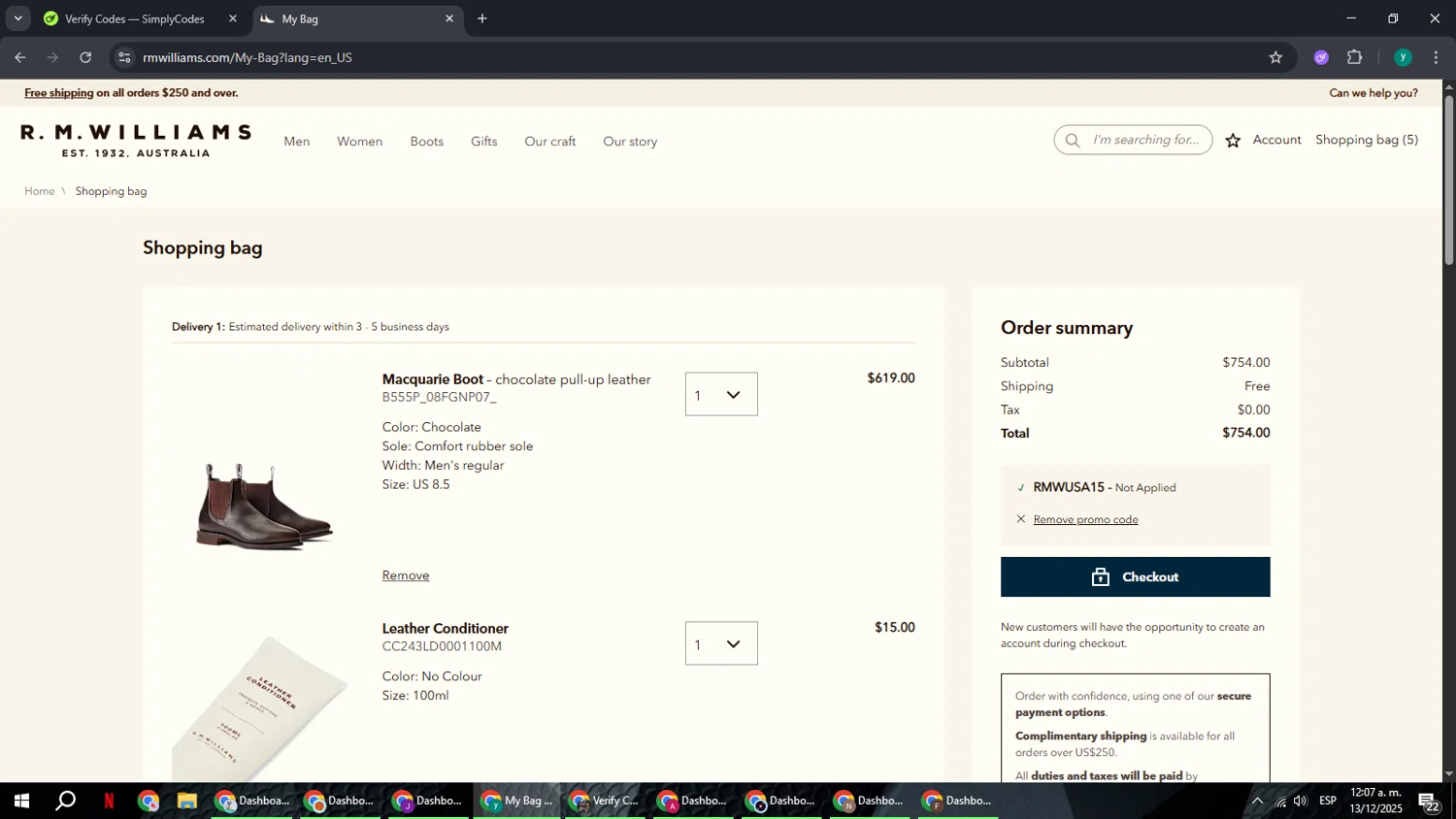 R.M. Williams checkout page showing R.M. Williams discount code box | Screenshot taken by SimplyCodes community member on Dec 13, 2025