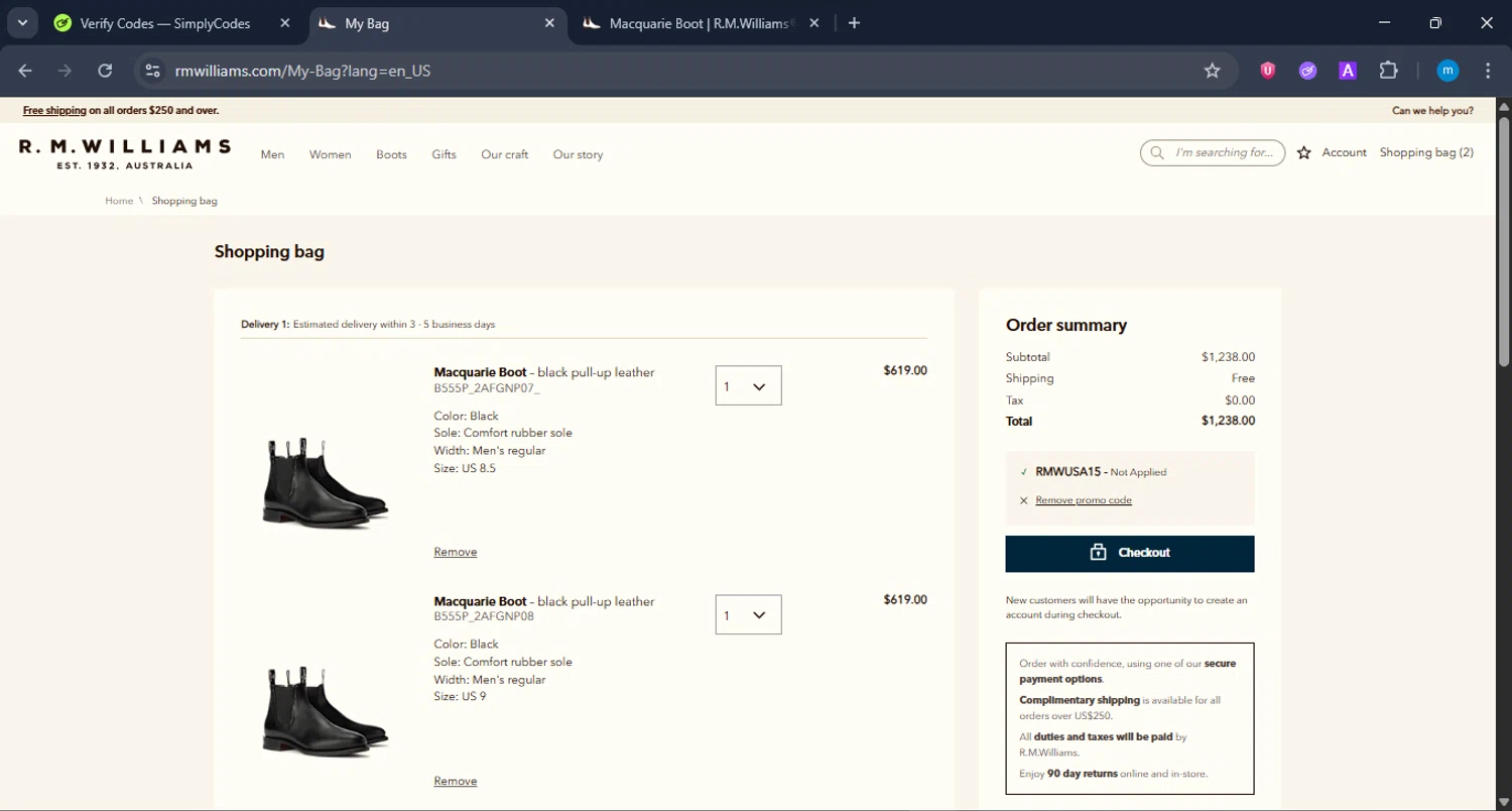 R.M. Williams discount code screenshot showing code RMWUSA15 applied at R.M. Williams checkout page. Uploaded by SimplyCodes community member LuckyWarden9122 on Dec 18, 2025