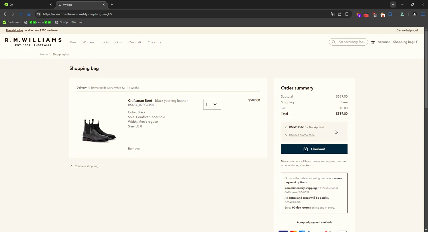 R.M. Williams checkout page showing R.M. Williams discount code box | Screenshot taken by SimplyCodes community member on Nov 13, 2025