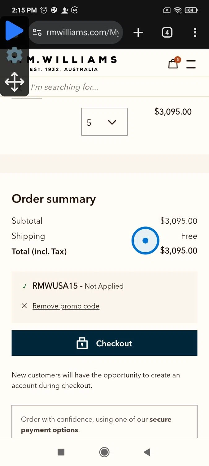 R.M. Williams discount code screenshot showing code RMWUSA15 applied at R.M. Williams checkout page. Uploaded by SimplyCodes community member Papiex on Feb 14, 2026
